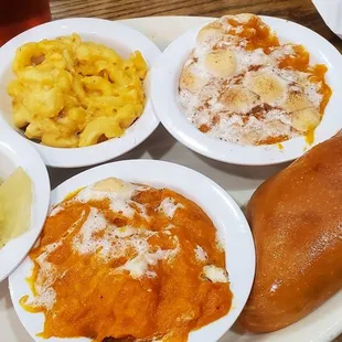 4 vegetable plate with double sweet potato casserole, cabbage, macaroni and cheese, and a yeast roll