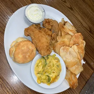Fried chicken, broccoli and cheddar casserole, house made chips