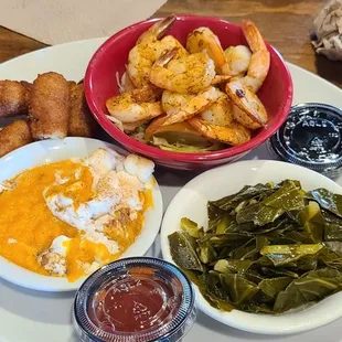 Blackened shrimp. Sweet potato casserole, collatd greens.