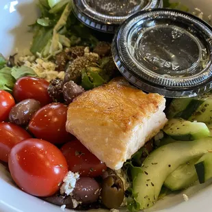 Greek salad with salmon