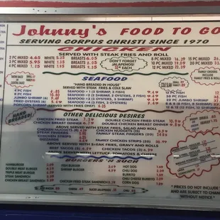 Updated menu pricing, as of 11/20/16