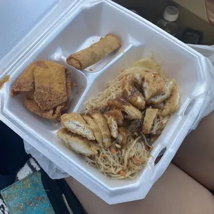 chicken and noodles in a styrofoam container