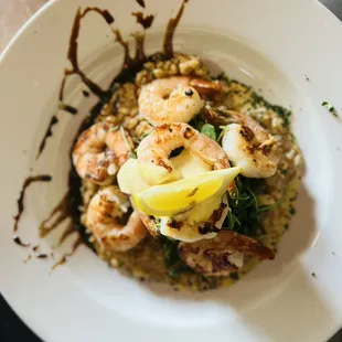 Prawns with Farro Risotto, Oyster Mushrooms, and Arugula
