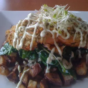 Crab encrusted baked salmon with cilantro lime aoili