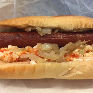 Hot sausage w/ pepperhash and fried onions. Yummmm