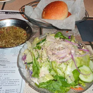 Salad included with the Spaghetti Dinner. House Italian dressing OK, but a little sweet. Warm Bread with Dipping Oil.