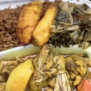 Curry chicken, rice, potatoes, carrots, plantains, collared greens