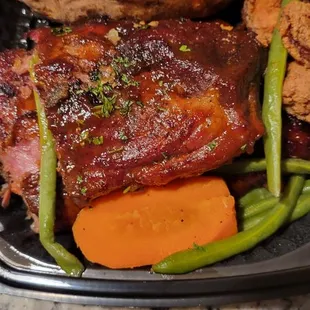 ribs, shrimp, bake potato, green beans and carrots salad and soup with warm bread was eaten