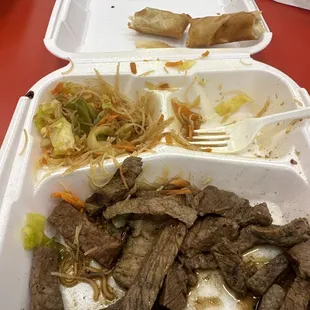 Steak and noodles and banana egg roll