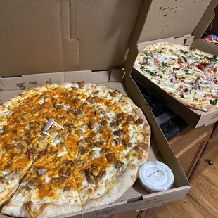 Buffalo Chicken Pizza and Gourmet Garden Pizza