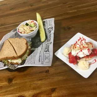 **Seasonal item**  Homemade chicken salad sandwich served with a side of pasta salad and pickle spear.  Homemade strawberry shortcake!