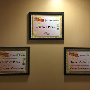Readers choice awards from our local newspaper for best pizza, cleanest restaurant and friendliest restaurant!!