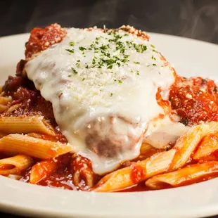 Chicken Parm Entree with Penne Marinara.