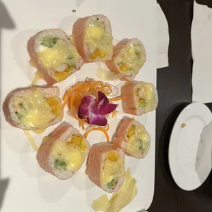 The yum yum roll. Delicious!! Has cream cheese, mango and avocado