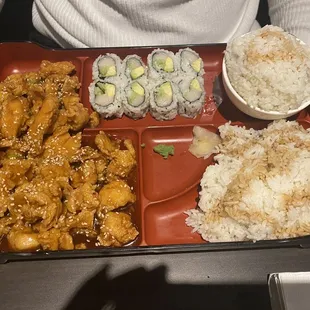 Lunch bento meal (chicken, white tuna avocado roll, white rice &amp; subbed extra rice in place of the egg roll