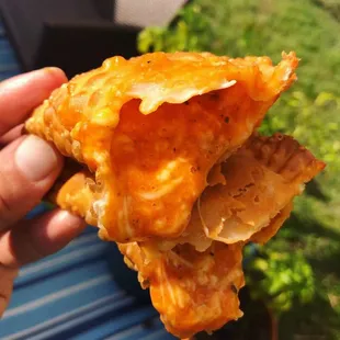 a hand holding a piece of food