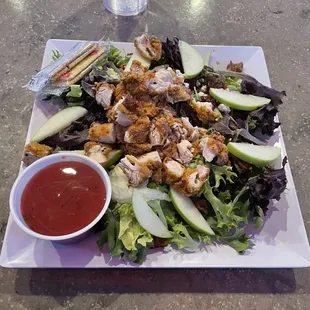 Apple walnut crunch salad with fried chicken