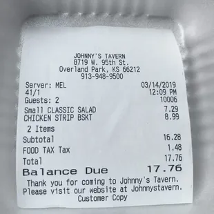 Receipt - side salad $7.29