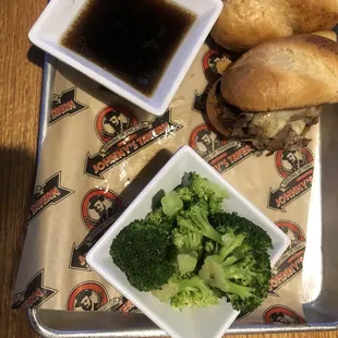 French Dip with steamed broccoli