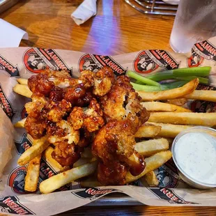 BBQ cauliflower wings + fries