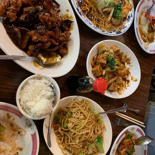 Orange chicken, vegie chow mein, Happy Family, Tofu Family Style