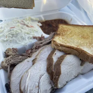 Pick 2 meat (turkey, pulled pork) with coleslaw and baked beans. YUM! Perfectly seasoned