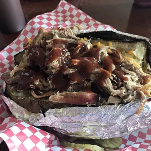 Pork BBQ stuffed potato at John&apos;s--enuf for two!