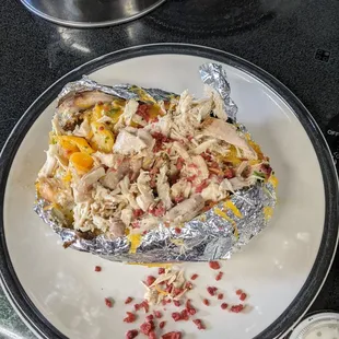 Chicken stuffed potato with fake bacon bits. What barbecue place uses fake bacon bits?