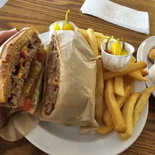 Double bacon cheeseburger and fries