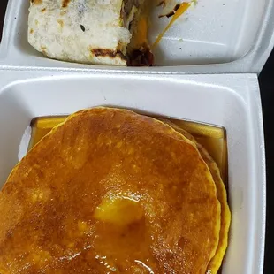 Breakfast burrito all 3 meats ( bacon, ham, sausage) and a stack of pancakes. Can&apos;t go wrong with this combo. Easy for a Sunday morning