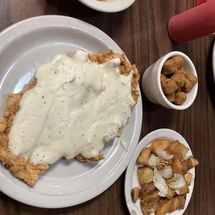 Chicken Fried Chicken Platter with okra and home fries.