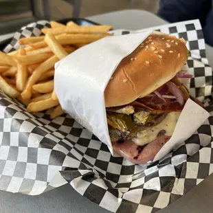 Forgot the name of this burger but co worker liked it. Bacon, ham, beef patty.