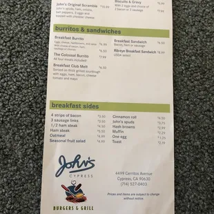 the menu for the restaurant