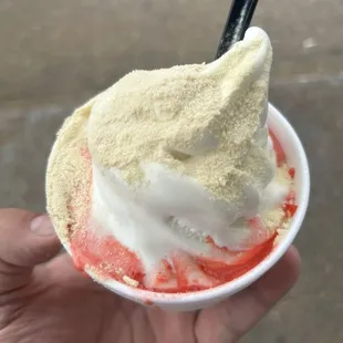 Vanilla soft serve with cherry topping and malt