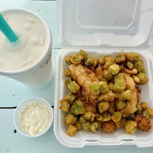 Dolphin Boat w/ okra + tartar sauce, and a banana shake