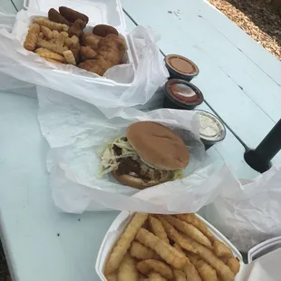 Dolphin Platter with Fries and Hushpuppies and Crabcake