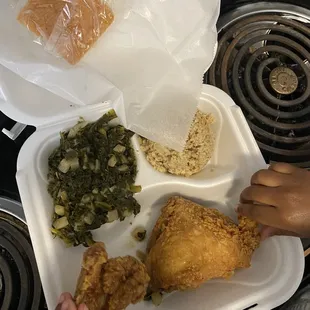 Fried Chicken Plate with Greens and Dressing and Cornbread