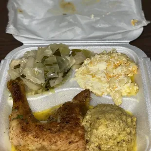 Baked chicken with dress, Mac and cheese , cabbage