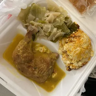 Baked Chicken Plate with Cabbage and Mac n Cheese and Cornbread