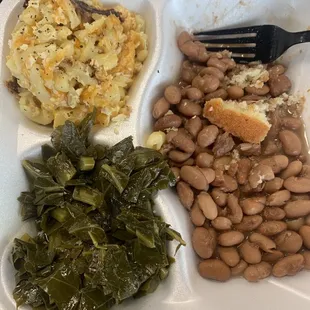 Navy Beans, Mac &amp; cheese and collard greens.