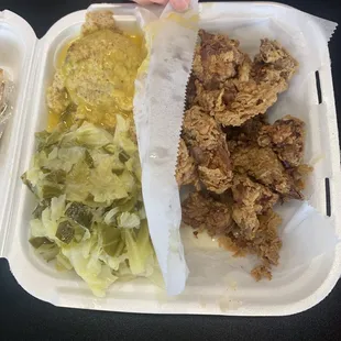 Chicken Livers, stuffing and gravy, and cabbage.