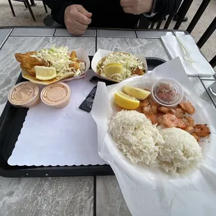 Garlic Shrimp Bowl, 2x Fish Tacos