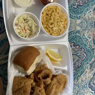 Fillet of sole dinner excellent cook, macaroni and cheese. Could use a little more cheese TBH hush puppies are great.