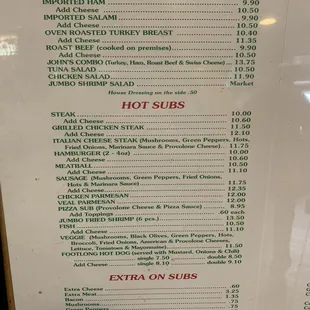 Menu for subs