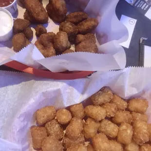 Basket of tots and combo plate (mushrooms, cauliflower, zucchini)