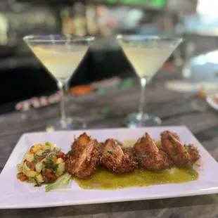 Coconut prawns, lemon drop martinis