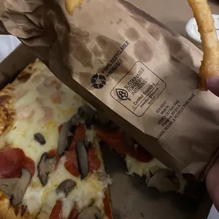 French Fries &amp; Pepperoni/Mushroom Cheese Pizza