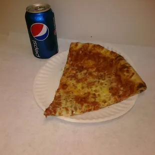 a slice of pizza and a soda