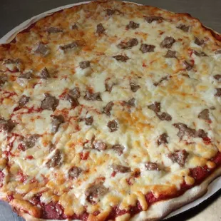 a cheese and sausage pizza