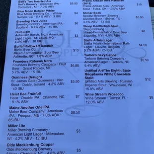 the price list for the restaurant